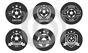 Soccer logo set with a ball. Football club or team circle emblem, badge, icon design. Sport tournament, league, championship label